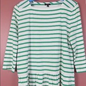 TALBOTS Women Light Comfy Cotton Top Green White Stripe Ruffle bottom Size LP